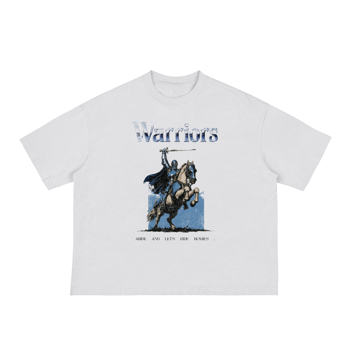 Boxy cropped tee with the hand-drawn 'Abide and Let's Ride Hero Knight' design by True Myth, white