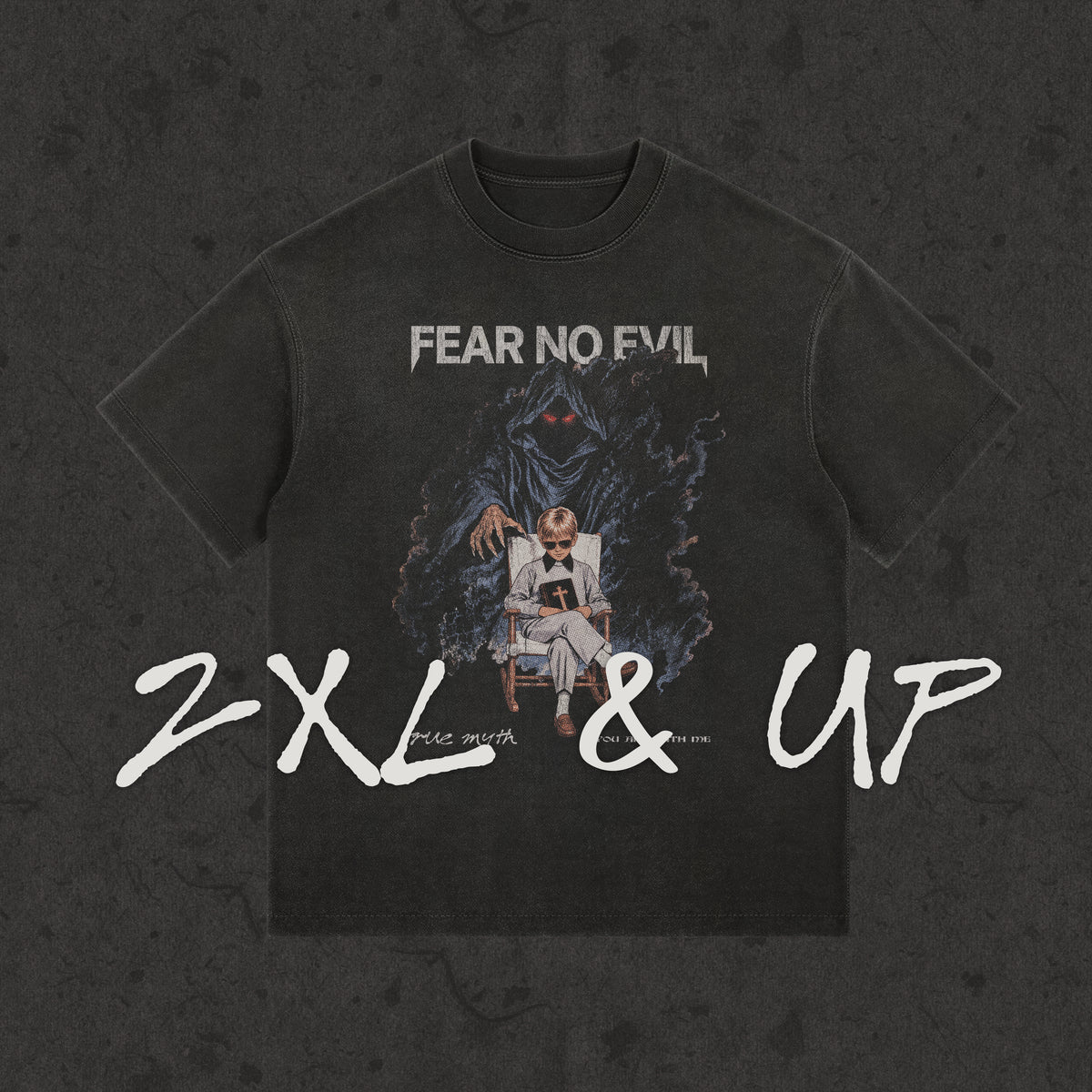 2XL & up tee with the hand-drawn 'Fear No Evil' design by True Myth, retro black