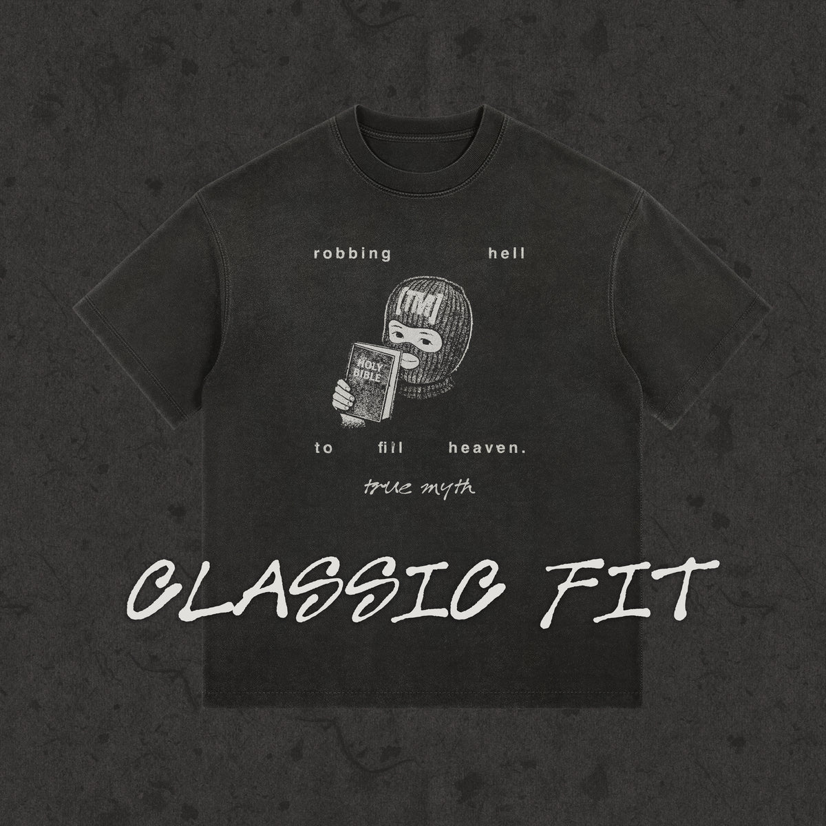 A black short-sleeve t-shirt with a white graphic of a ski mask shiesty character, accompanied by the text ‘robbing hell to fill heaven.’ and ‘true myth’.