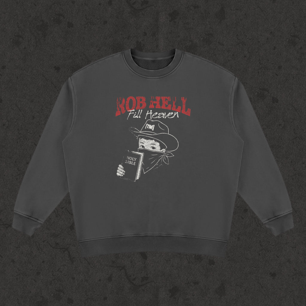 Sweatshirt with the hand-drawn 'Rob Hell-The Gates of Hell Will Not Prevail' design by True Myth, retro black