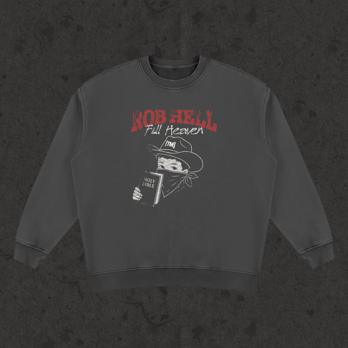 Sweatshirt with the hand-drawn 'Rob Hell-The Gates of Hell Will Not Prevail' design by True Myth, retro black