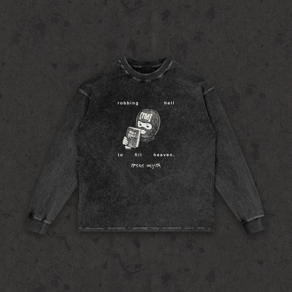 Retro wash long sleeve with the hand-drawn 'Robbing Hell To Fill Heaven' design by True Myth, retro wash black