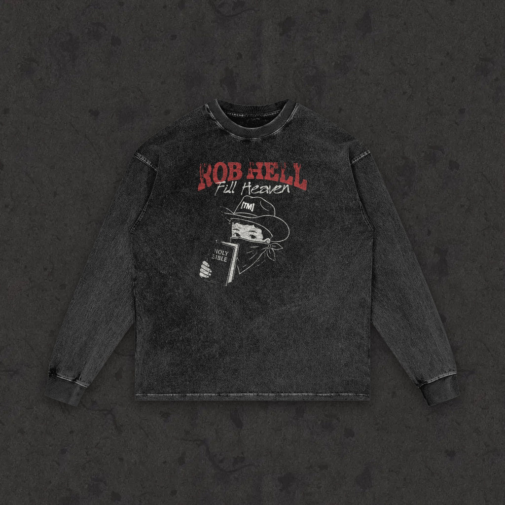 Retro wash long sleeve with the hand-drawn 'The Gates of Hell Will Not Prevail' design by True Myth, retro wash black