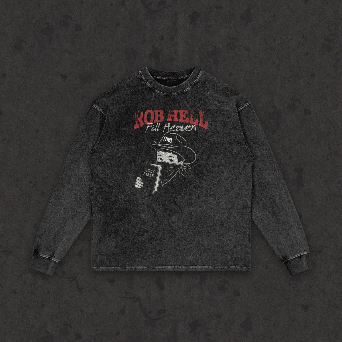 Retro wash long sleeve with the hand-drawn 'The Gates of Hell Will Not Prevail' design by True Myth, retro wash black