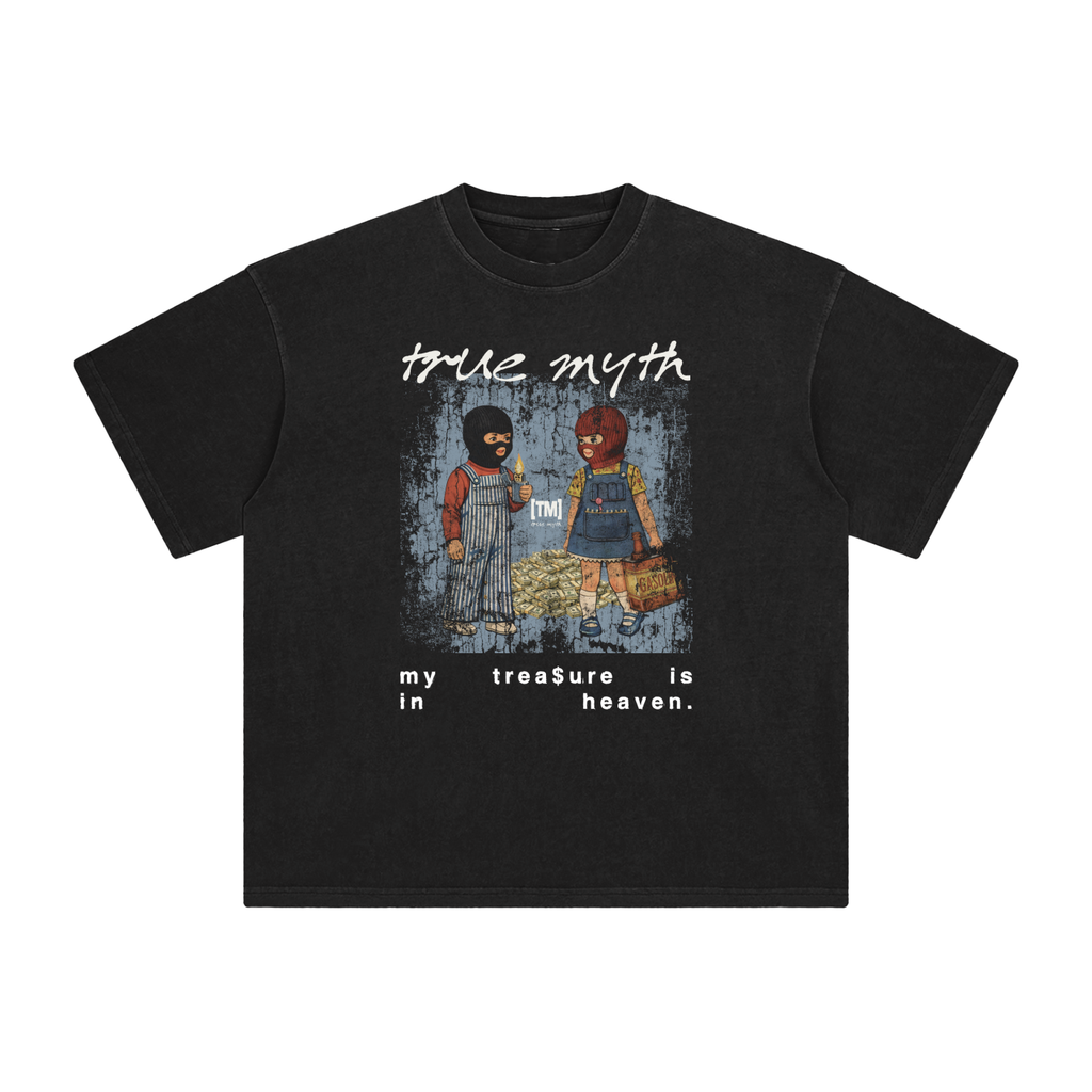 Retro Wash Loose Fit Tee | Vintage Mural My Treasure Is In Heaven | Black