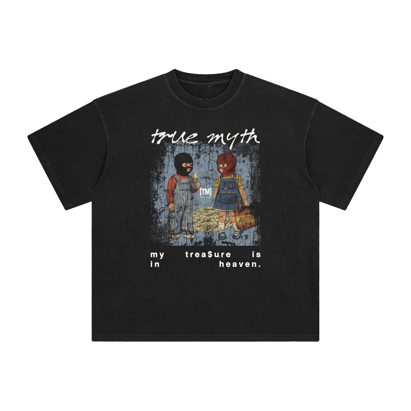 Retro Wash Loose Fit Tee | Vintage Mural My Treasure Is In Heaven | Black