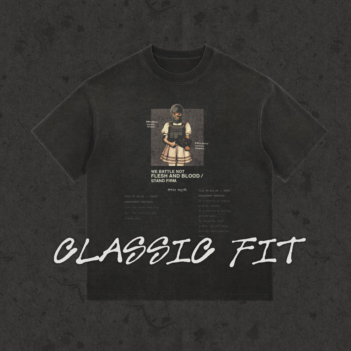 Classic fit tee with the hand-drawn 'Rules of Engagement' design by True Myth, retro wash black
