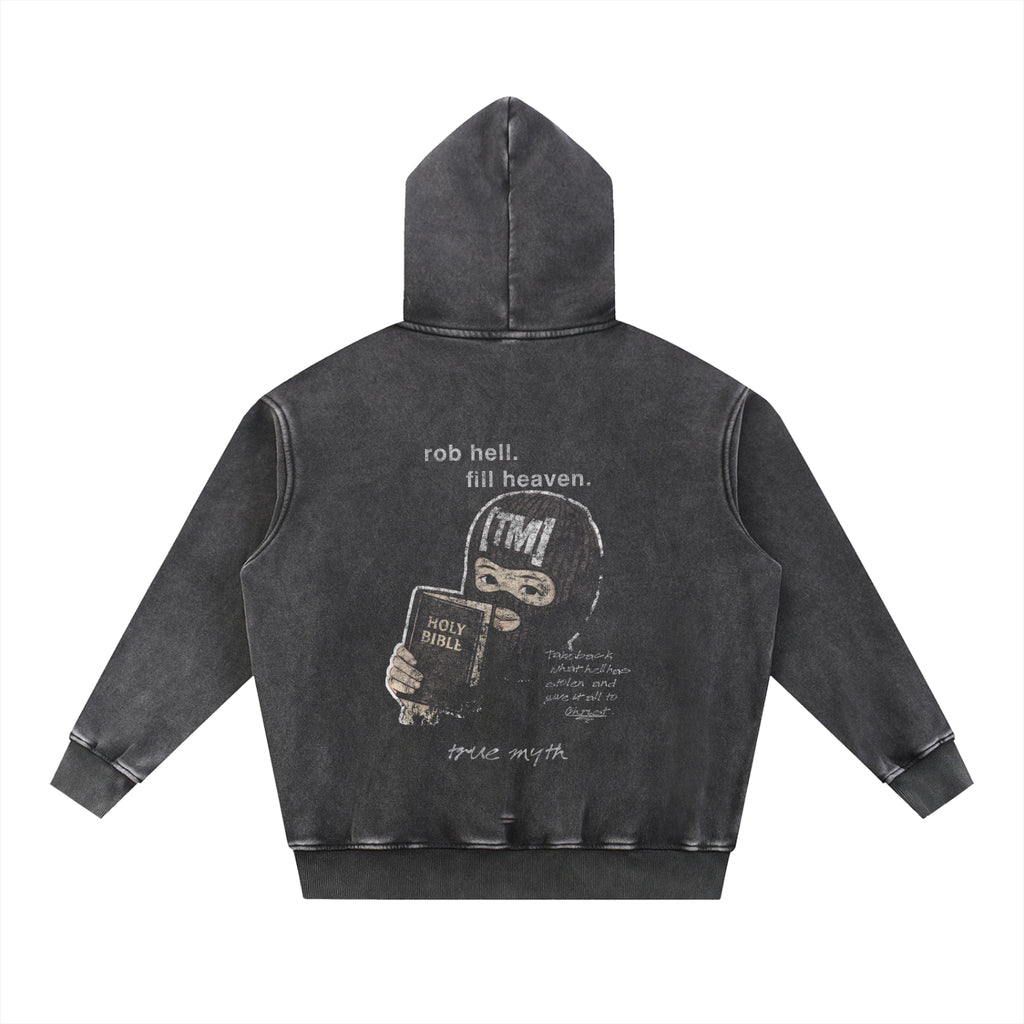 Oversized Retro Washed Hoodie | Robbing Hell To Fill Heaven | Retro Black