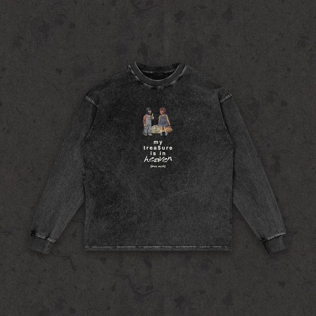 Retro wash long sleeve with the hand-drawn 'My Treasure Is In Heaven' design by True Myth, retro wash black