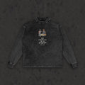 Retro wash long sleeve with the hand-drawn 'My Treasure Is In Heaven' design by True Myth, retro wash black