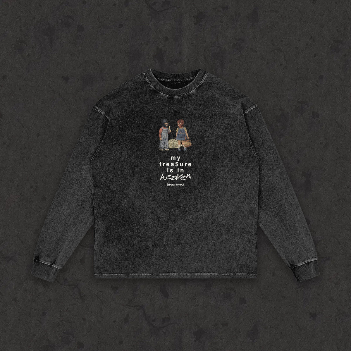 Retro wash long sleeve with the hand-drawn 'My Treasure Is In Heaven' design by True Myth, retro wash black