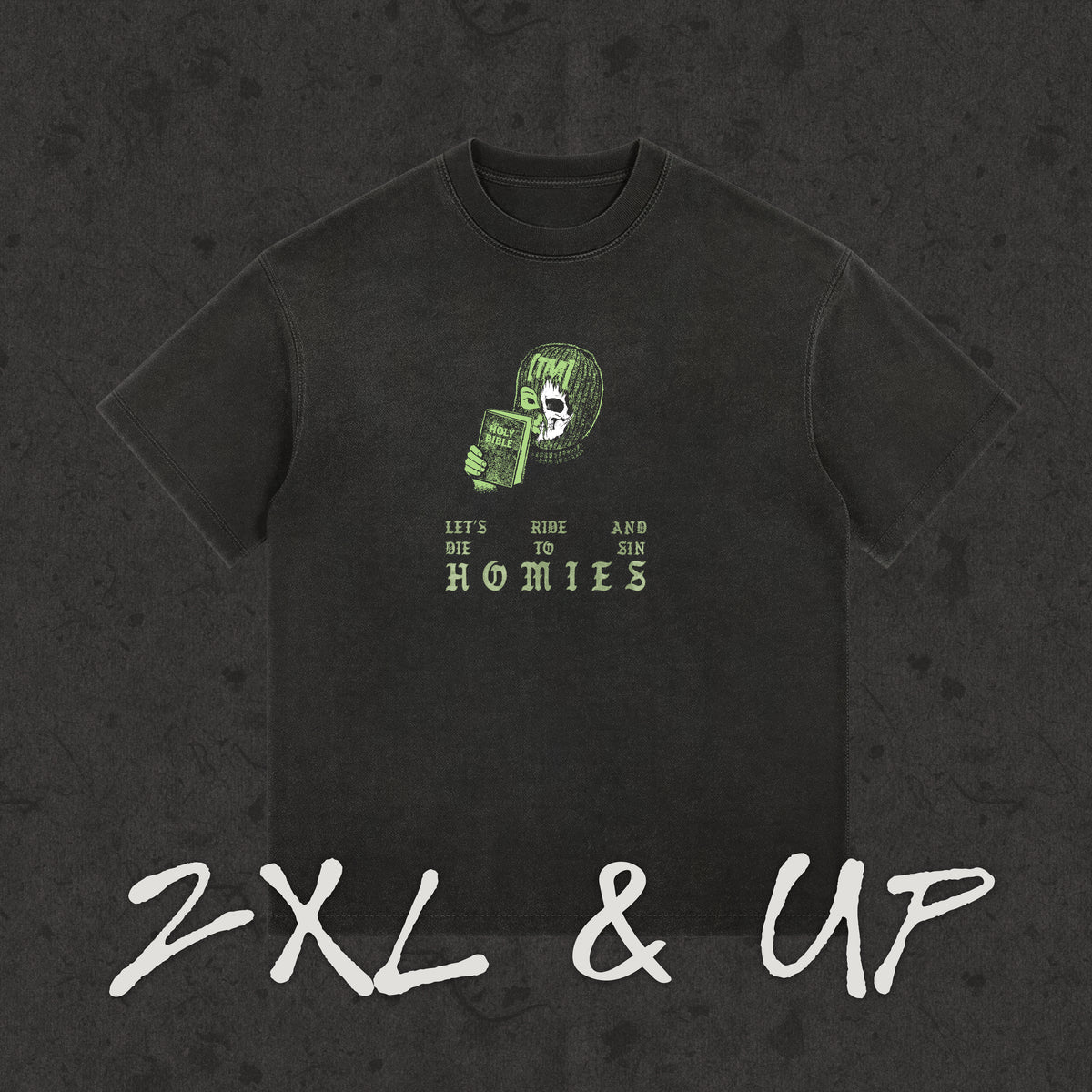 2XL & up tee with the hand-drawn 'Ride or Die to Sin' design by True Myth, retro black