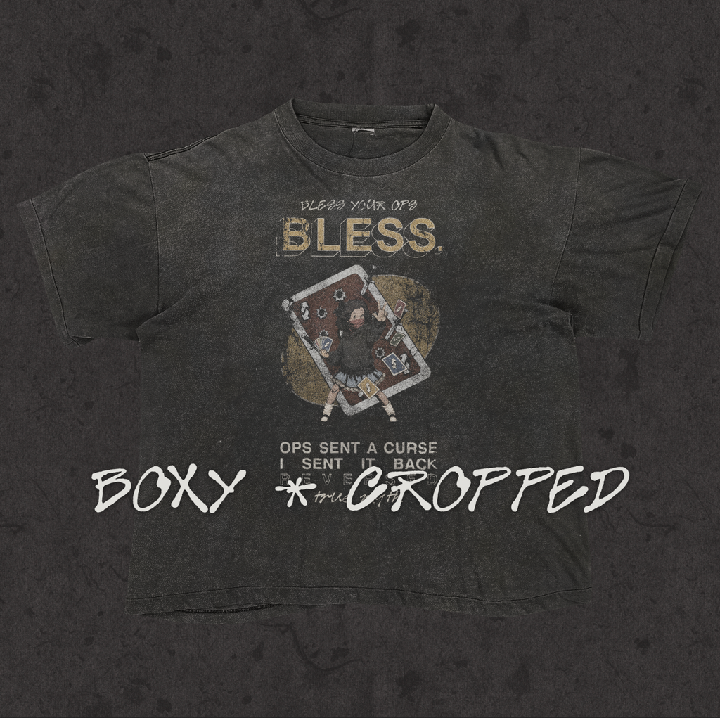 Boxy cropped tee with the hand-drawn 'Reverse Card' design by True Myth, stone wash black