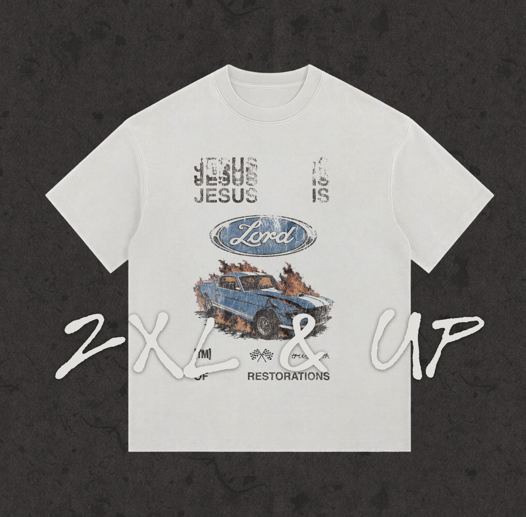 2XL & up tee with the hand-drawn 'Jesus is Lord Even In The Wreckage' design by True Myth, white