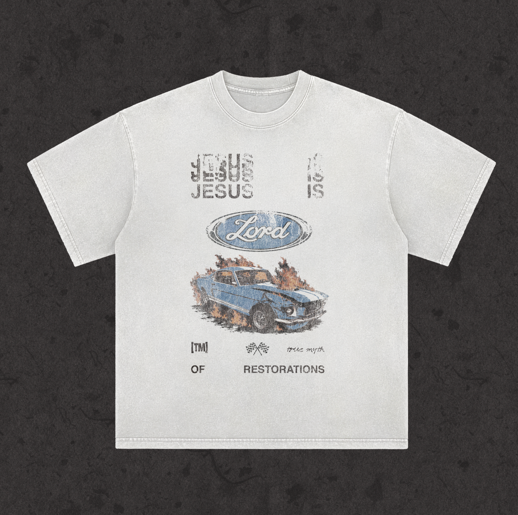 Retro wash tee with the hand-drawn 'Jesus is Lord Even In The Wreckage' design by True Myth, white