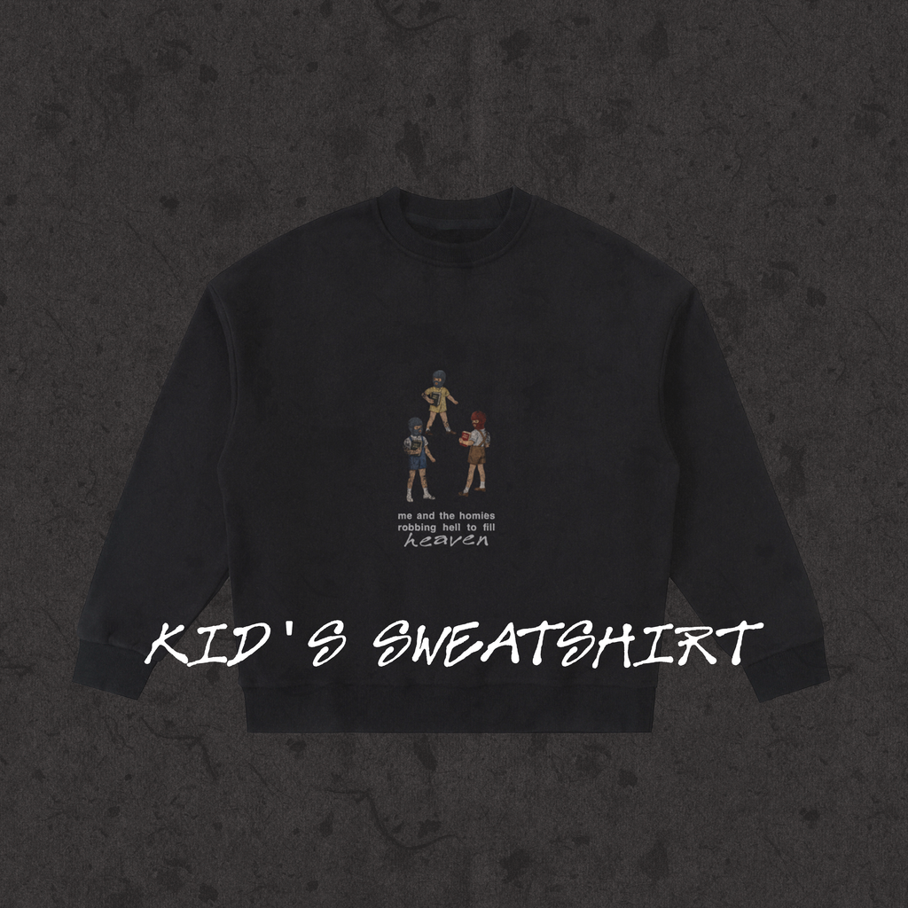 Kids Fleece Crewneck Robbing Hell To Fill Heaven black front