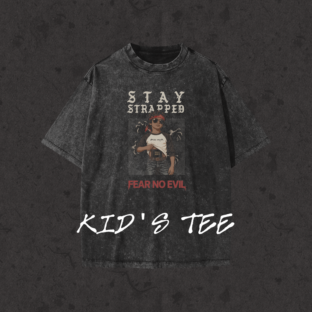 Kids Snow Washed Tee Stay Strapped-Fear No Evil black front