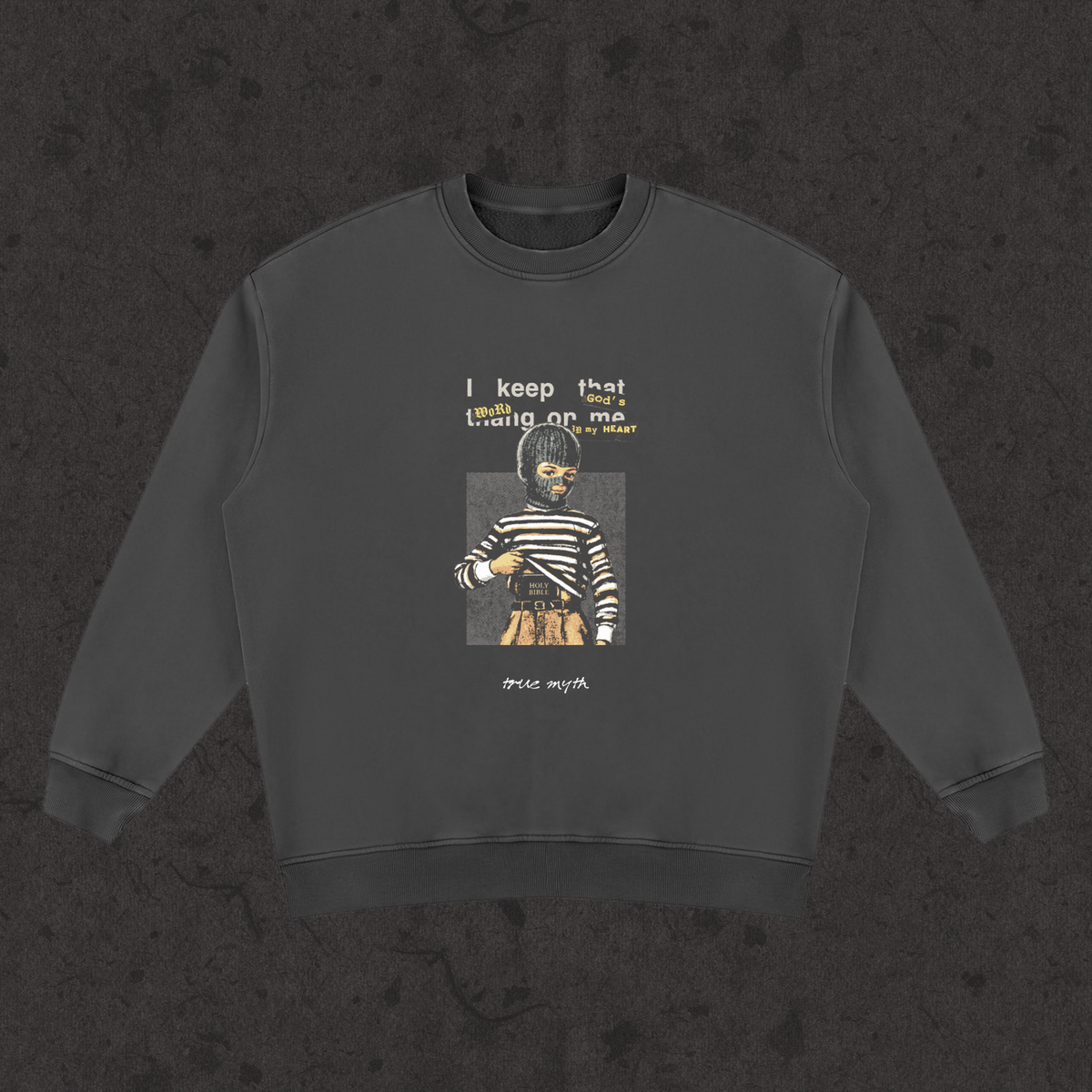 Sweatshirt with the hand-drawn 'Concealed Carry' design by True Myth, retro black
