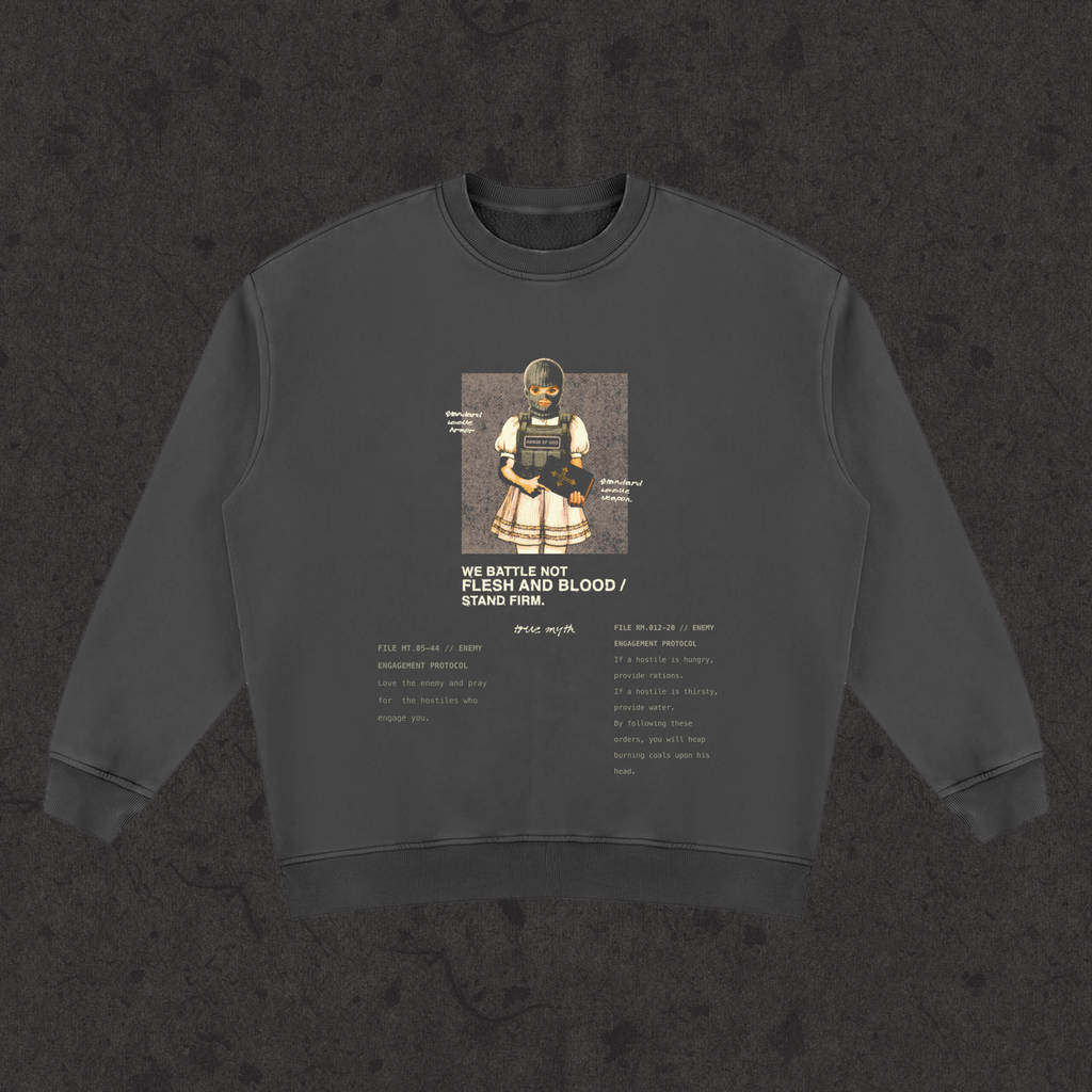 Sweatshirt with the hand-drawn 'Rules Of Engagement' design by True Myth, retro black