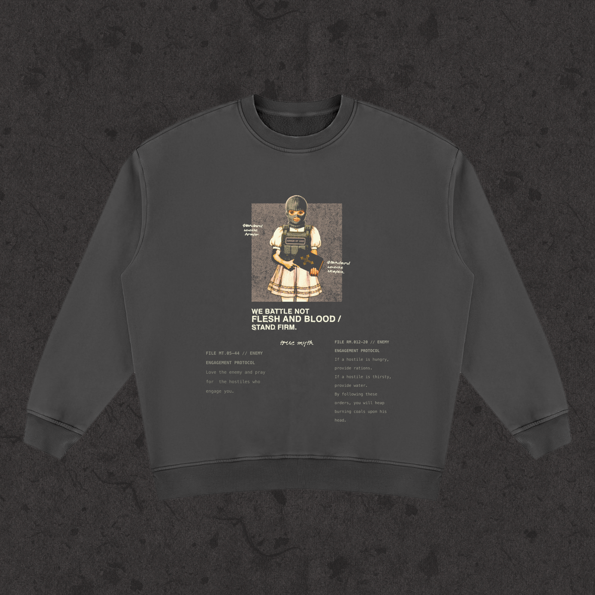 Sweatshirt with the hand-drawn 'Rules Of Engagement' design by True Myth, retro black