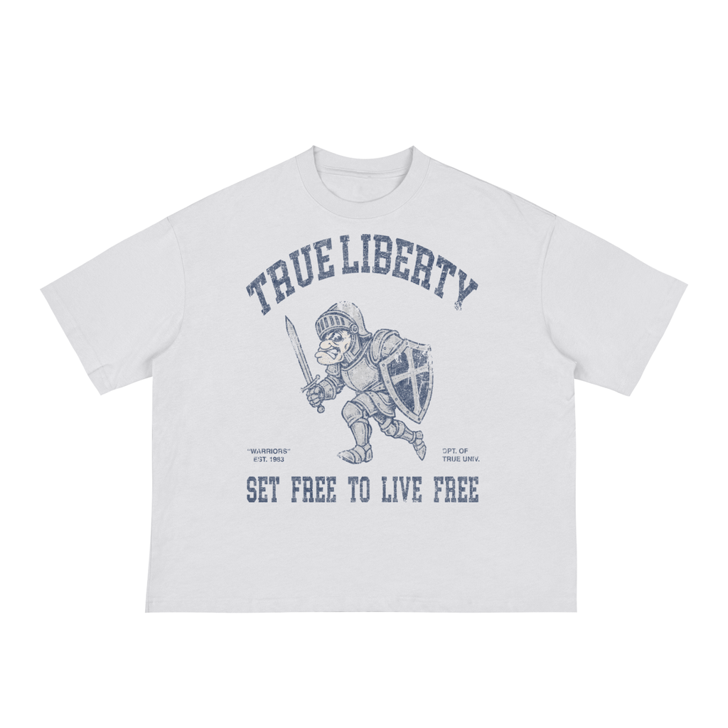 Boxy cropped tee with the hand-drawn 'Knight Mascot' design by True Myth, white
