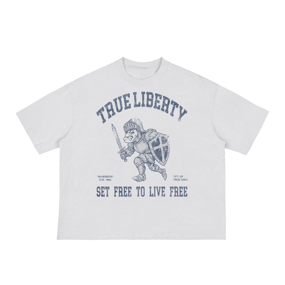 Boxy cropped tee with the hand-drawn 'Knight Mascot' design by True Myth, white
