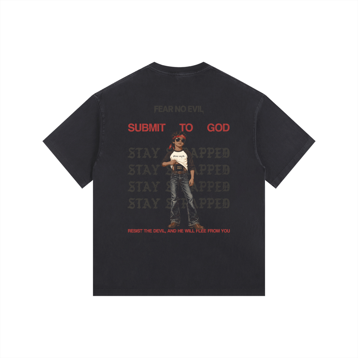 2XL & UP | Stay Strapped-Fear No Evil | Retro Wash Black