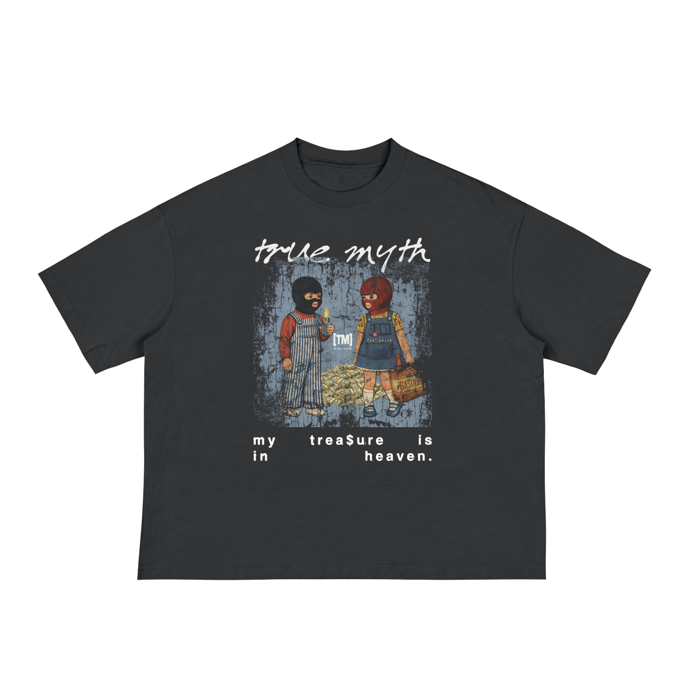 Cropped/Boxy Loose Fit Tee | Vintage Mural My Treasure Is In Heaven | Black