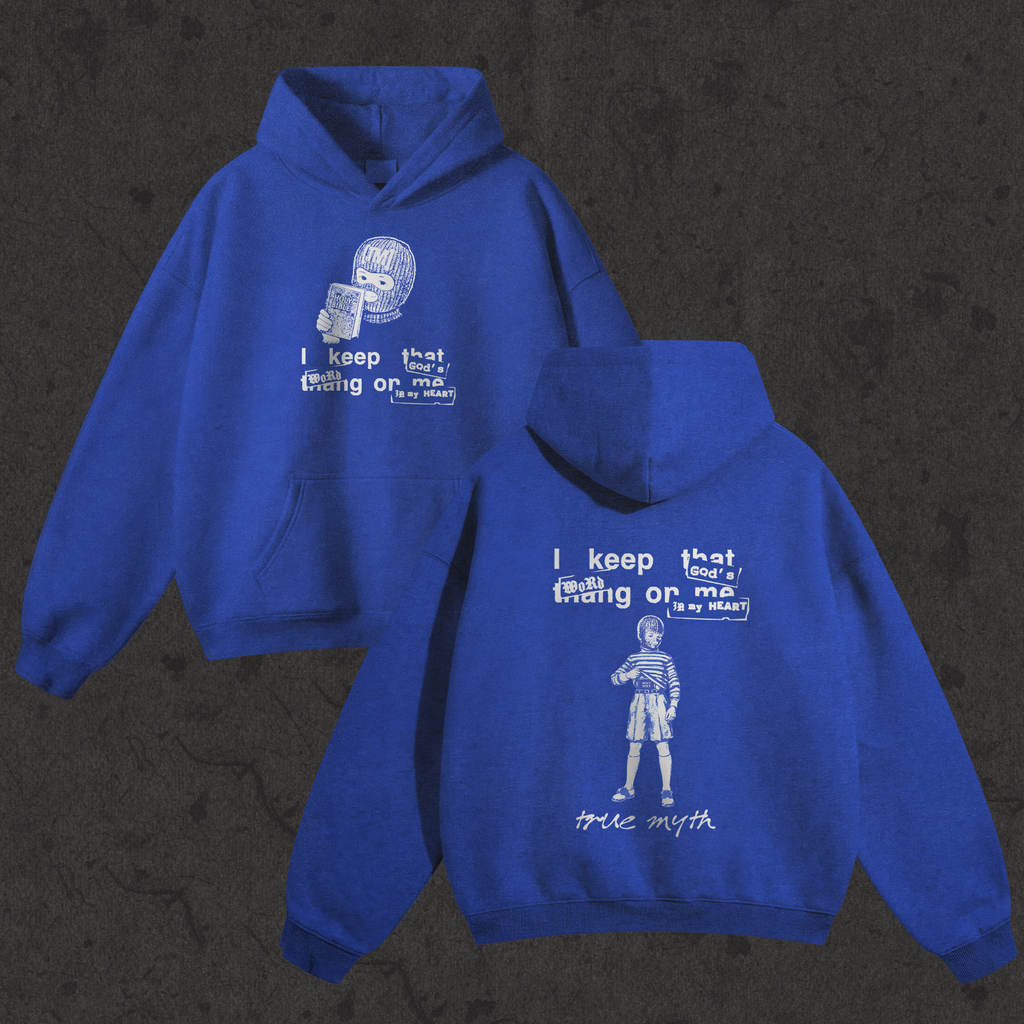 Oversized hoodie with the hand-drawn 'RGB Concealed Carry Hoodie' design by True Myth, electric blue