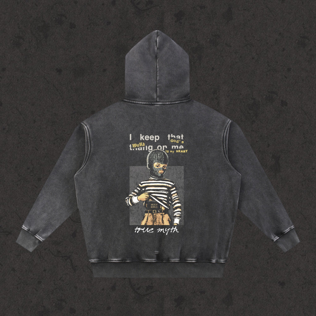 Oversized Retro Washed Hoodie in faded black with the Concealed Carry design, back view