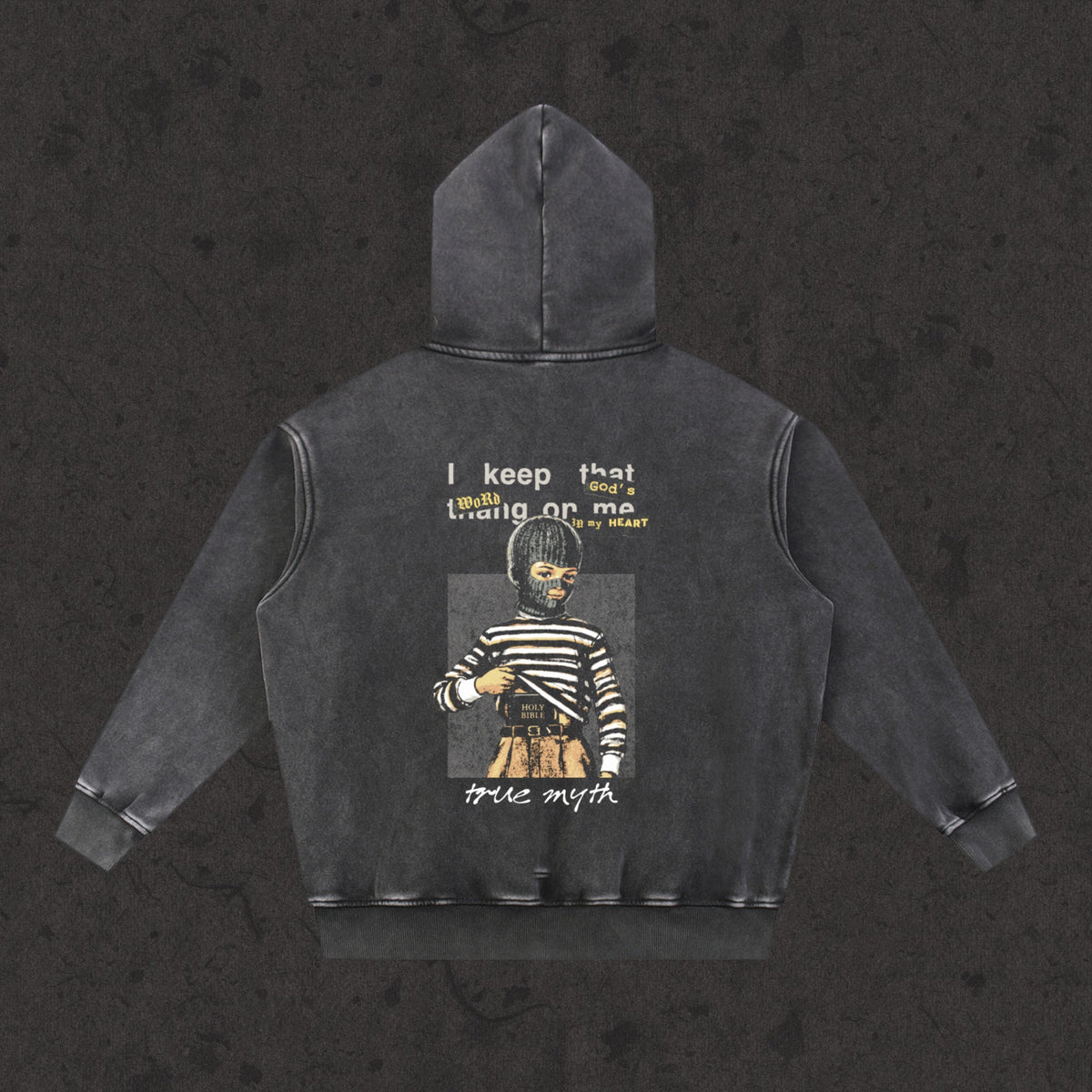 Oversized Retro Washed Hoodie in faded black with the Concealed Carry design, back view