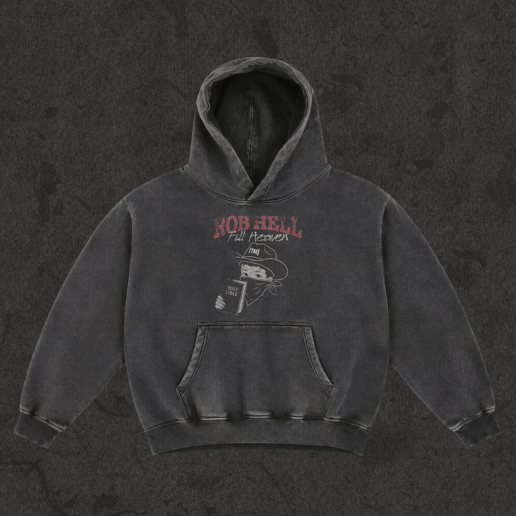 Oversized hoodie with the hand-drawn 'Rob Hell-The Gates of Hell Will Not Prevail' design by True Myth, retro black