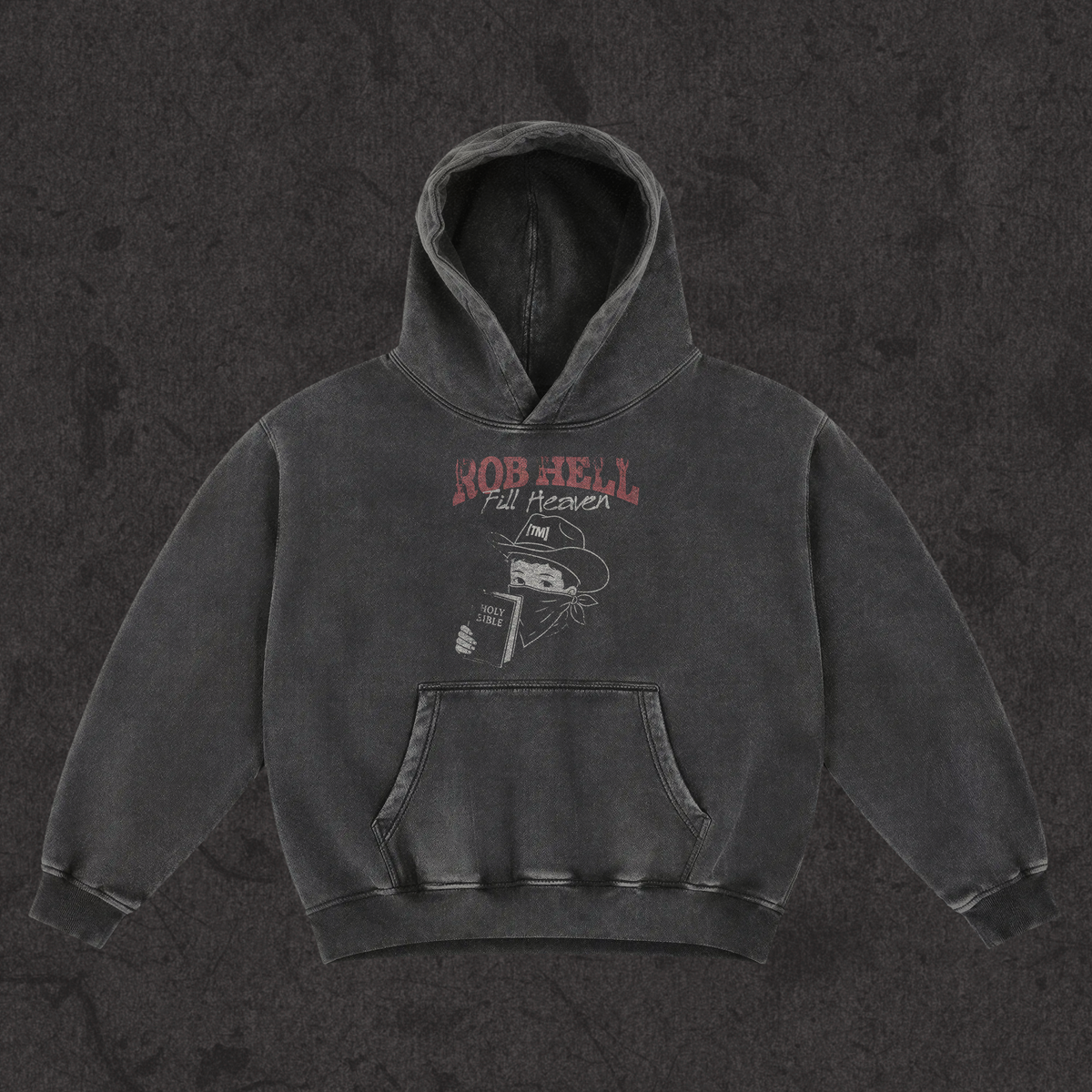 Oversized hoodie with the hand-drawn 'Rob Hell-The Gates of Hell Will Not Prevail' design by True Myth, retro black