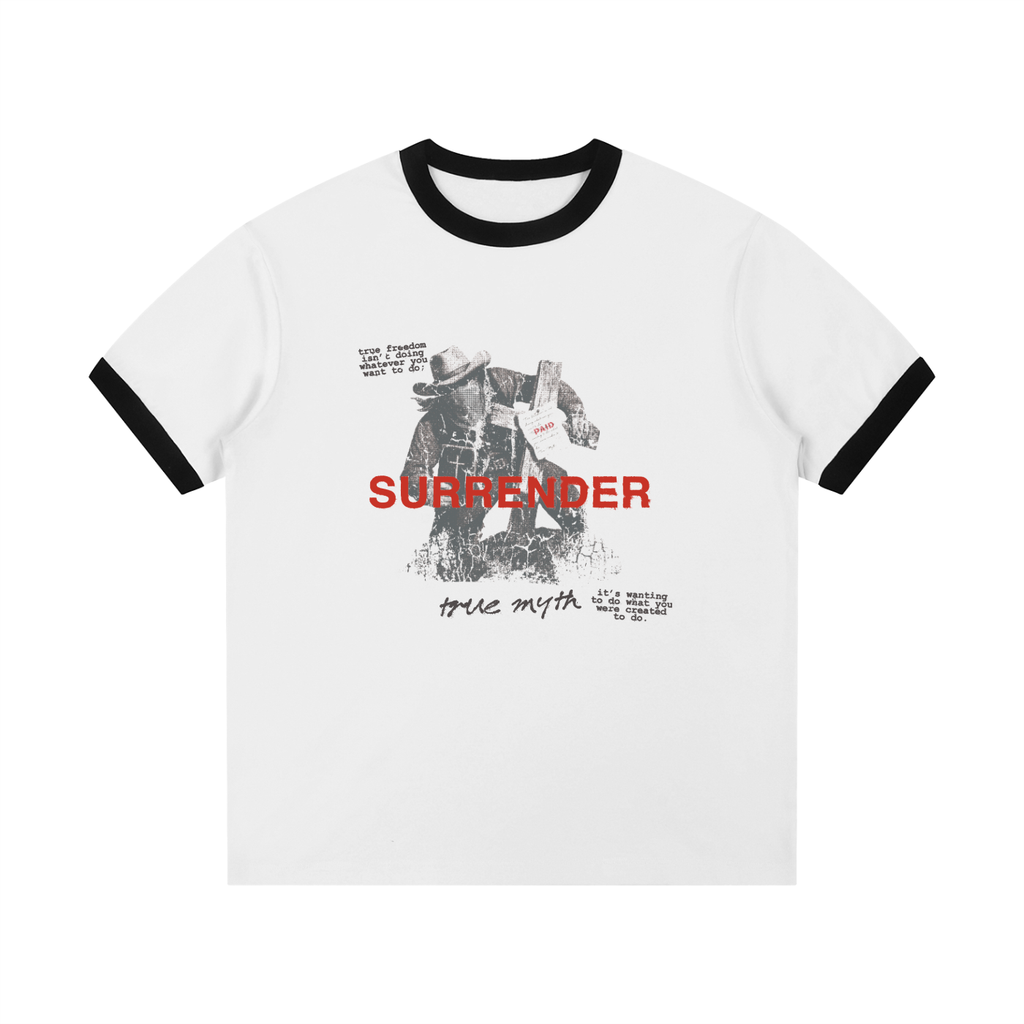 Vintage Slim Fit Contrast Edge Ribbed T-Shirt | Freedom Is Surrender - Debt Paid | White
