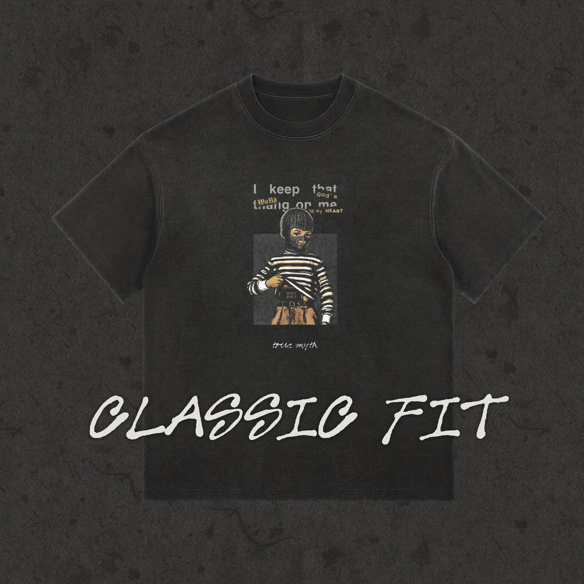 Classic fit tee with the hand-drawn 'Concealed Carry' design by True Myth, retro wash black
