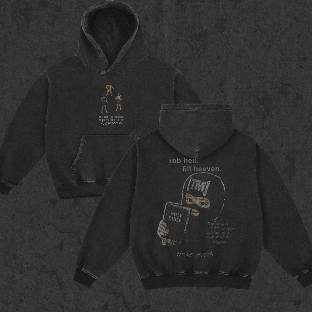 A dark charcoal gray hoodie shown from both front and back against a textured dark gray background. The front features 3 children in ski masks holding Bibles, and the back features a large distressed white graphic of a child wearing a ski mask and holding a Bible with the text 'rob hell, fill heaven'.