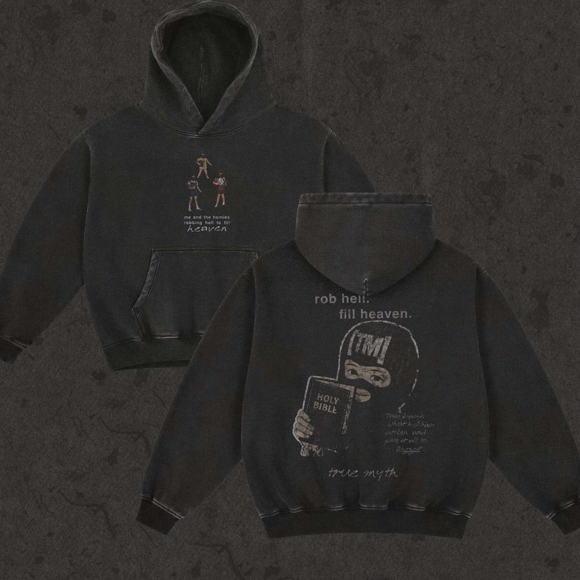 Oversized Retro Washed Hoodie | Robbing Hell To Fill Heaven | Retro Black