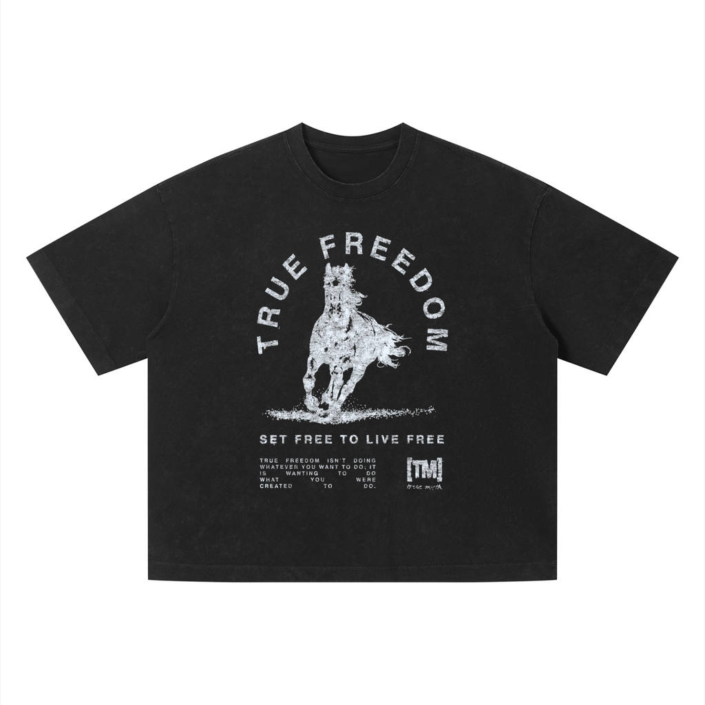 Retro Wash Boxy Cropped Fit 2.0| True Freedom Horse| White on Black