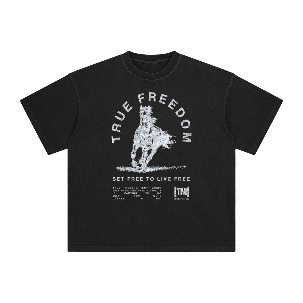 Retro Wash Loose Fit Tee | True Freedom Horse| White on Black