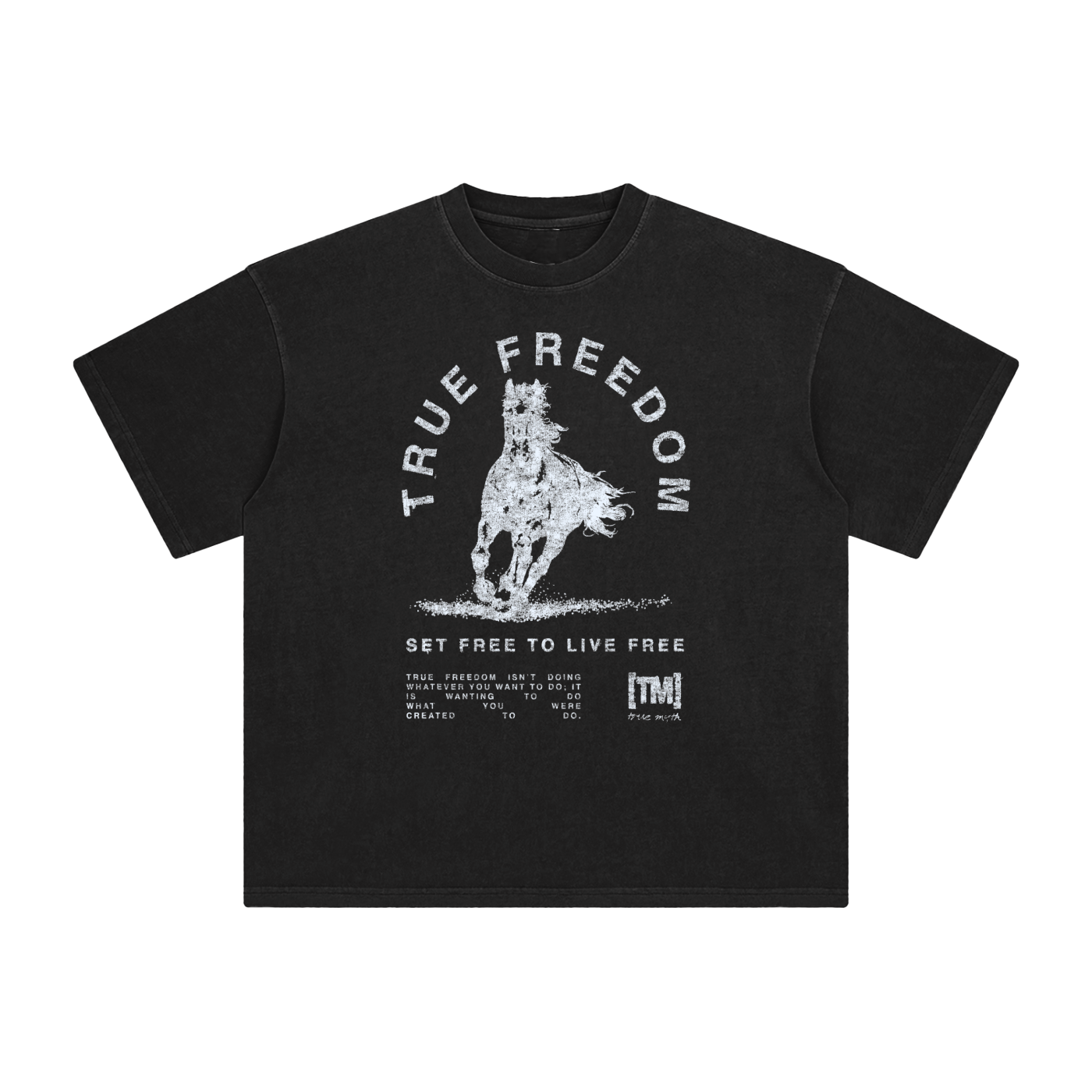 Retro Wash Loose Fit Tee | True Freedom Horse| White on Black