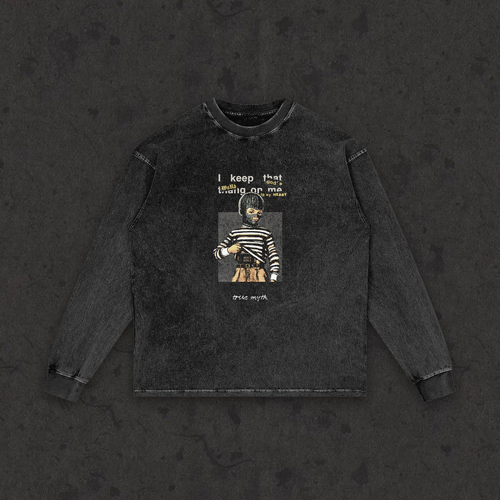Retro wash long sleeve with the hand-drawn 'Concealed Carry' design by True Myth, retro wash black