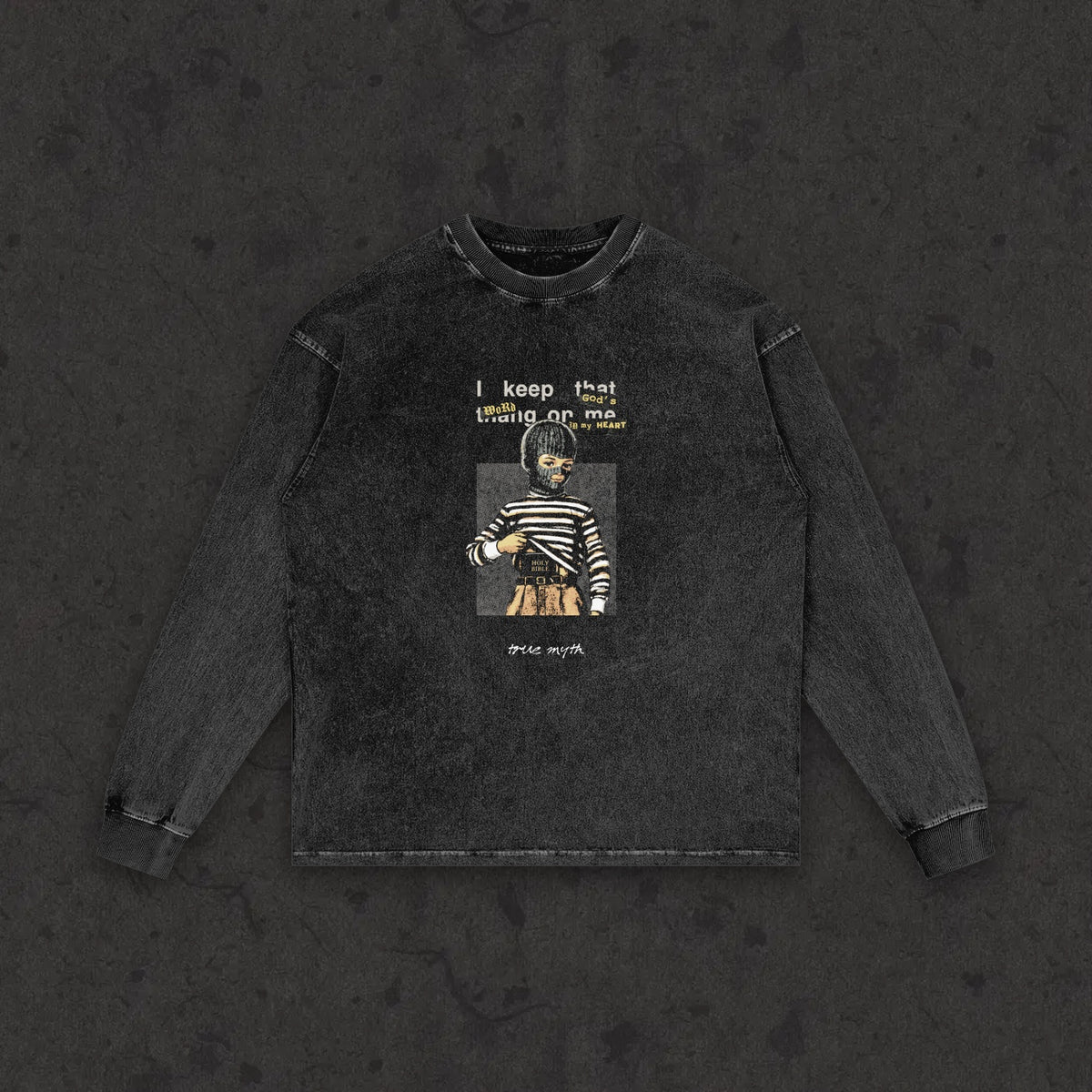 Retro wash long sleeve with the hand-drawn 'Concealed Carry' design by True Myth, retro wash black