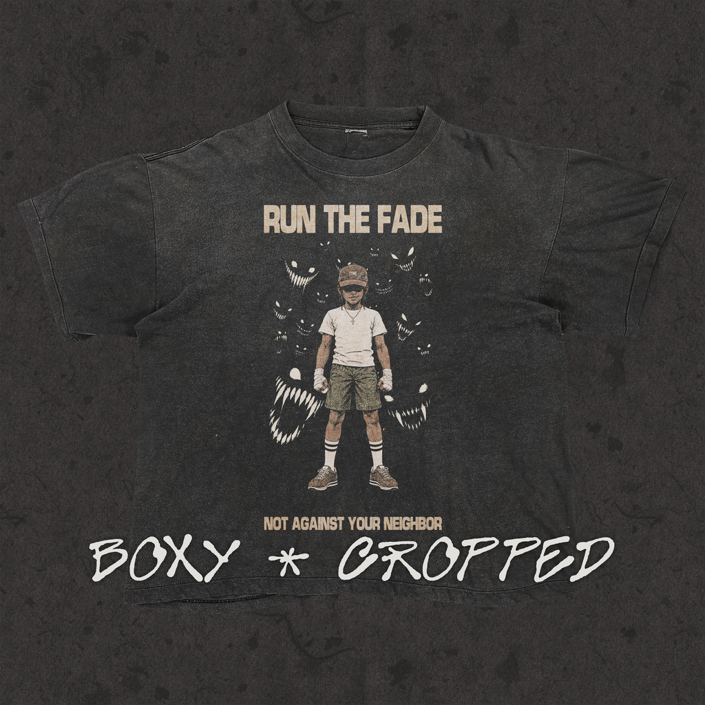 Boxy cropped tee with the hand-drawn 'Run The Fade' design by True Myth, stone wash black