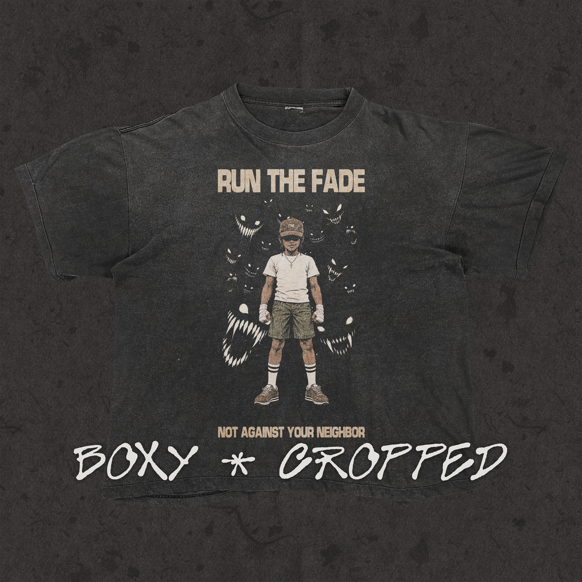 Boxy cropped tee with the hand-drawn 'Run The Fade' design by True Myth, stone wash black