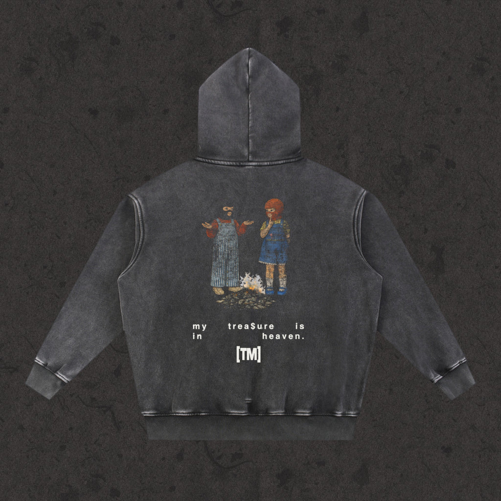 Oversized Retro Washed Hoodie in faded black with the My Treasure Is In Heaven design, back view