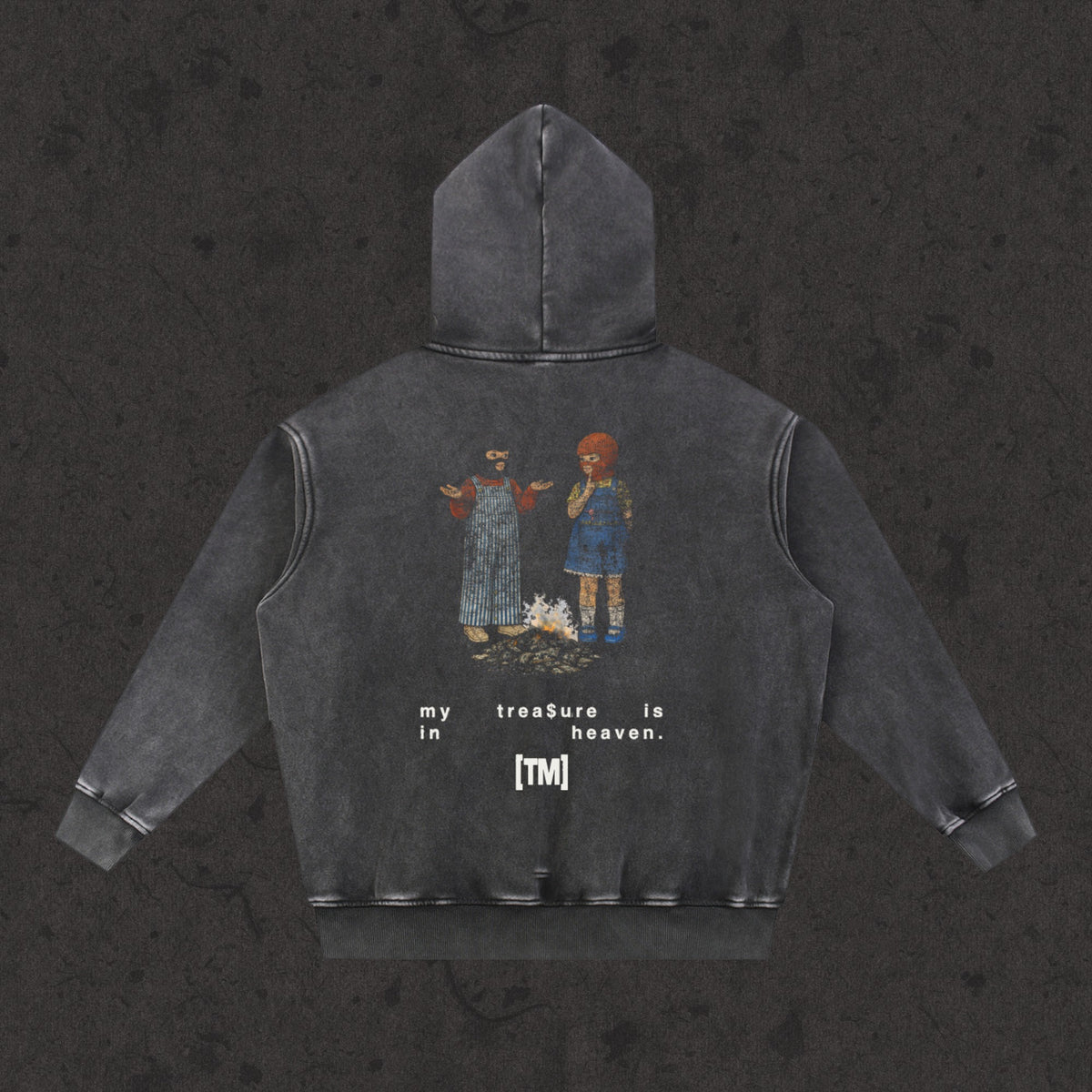 Oversized Retro Washed Hoodie in faded black with the My Treasure Is In Heaven design, back view