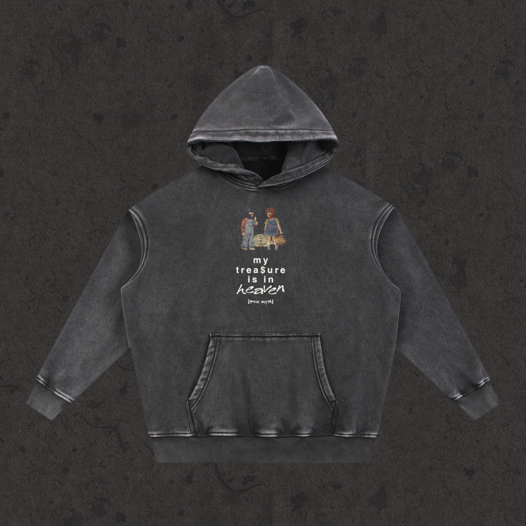Oversized Retro Washed Hoodie in faded black with the My Treasure Is In Heaven design, front view