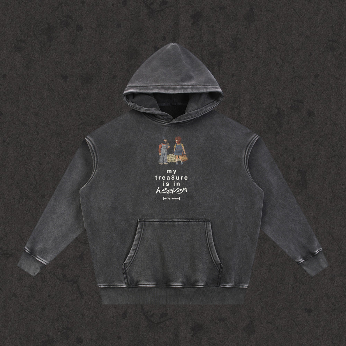 Oversized Retro Washed Hoodie in faded black with the My Treasure Is In Heaven design, front view