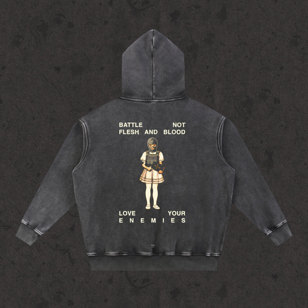 Oversized Retro Washed Hoodie in faded black with the Rules of Engagement design, back view