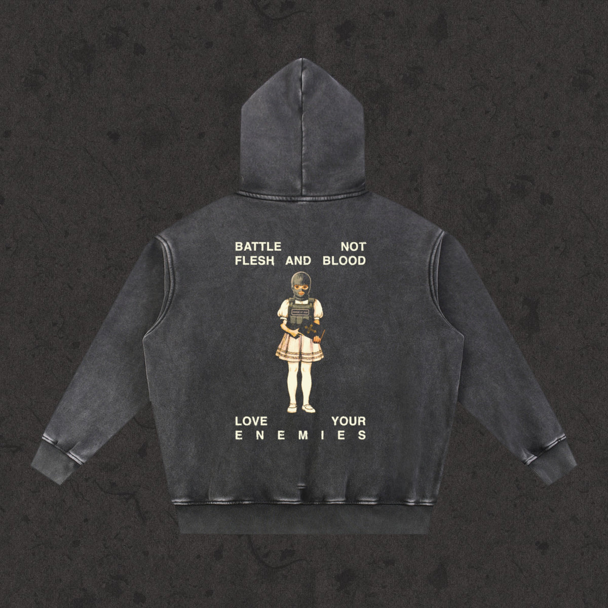 Oversized Retro Washed Hoodie in faded black with the Rules of Engagement design, back view